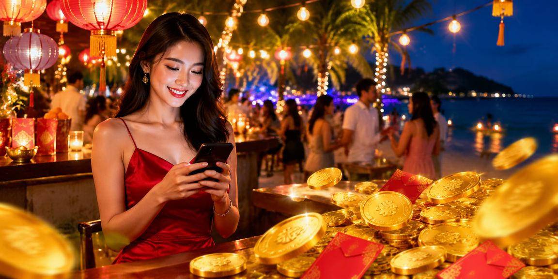 Không khí lễ hội tại Phú Quốc với đèn lồng và phong bao đỏ, kết hợp cùng ưu đãi cá cược dịp Tết tại vltkh5