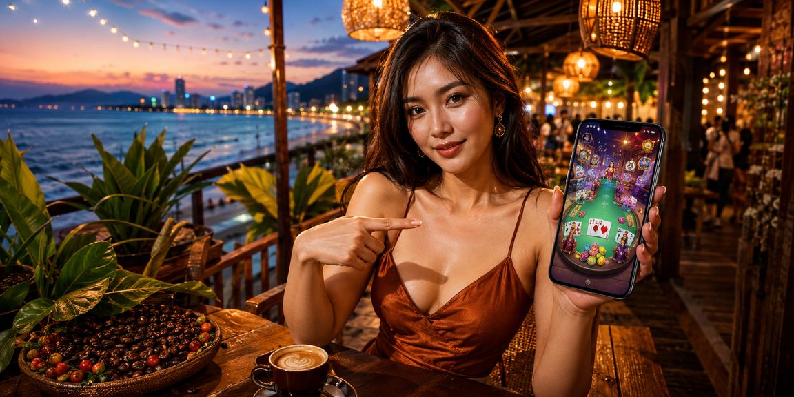 Cảnh giải trí casino hiện đại tại Việt Nam với ánh đèn neon và giao diện cá cược trực tuyến
