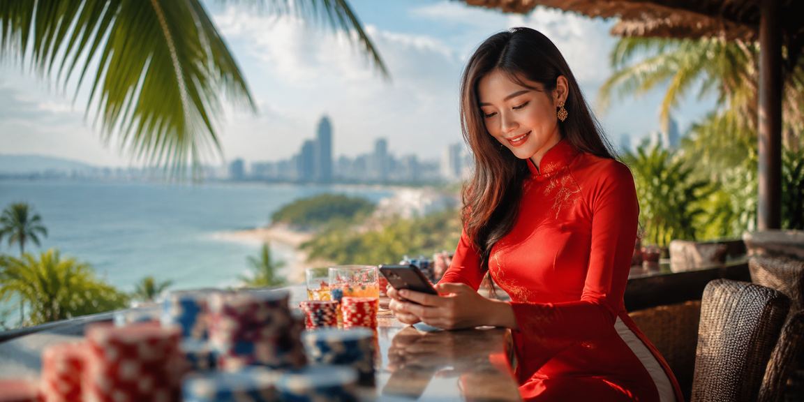 Không gian giải trí casino trực tuyến tại Việt Nam với ánh đèn lung linh và màn hình cược